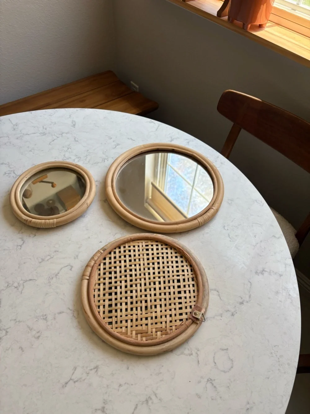 Vintage Boho chic Bamboo Frame Round Wall Mirrors - Set of 3